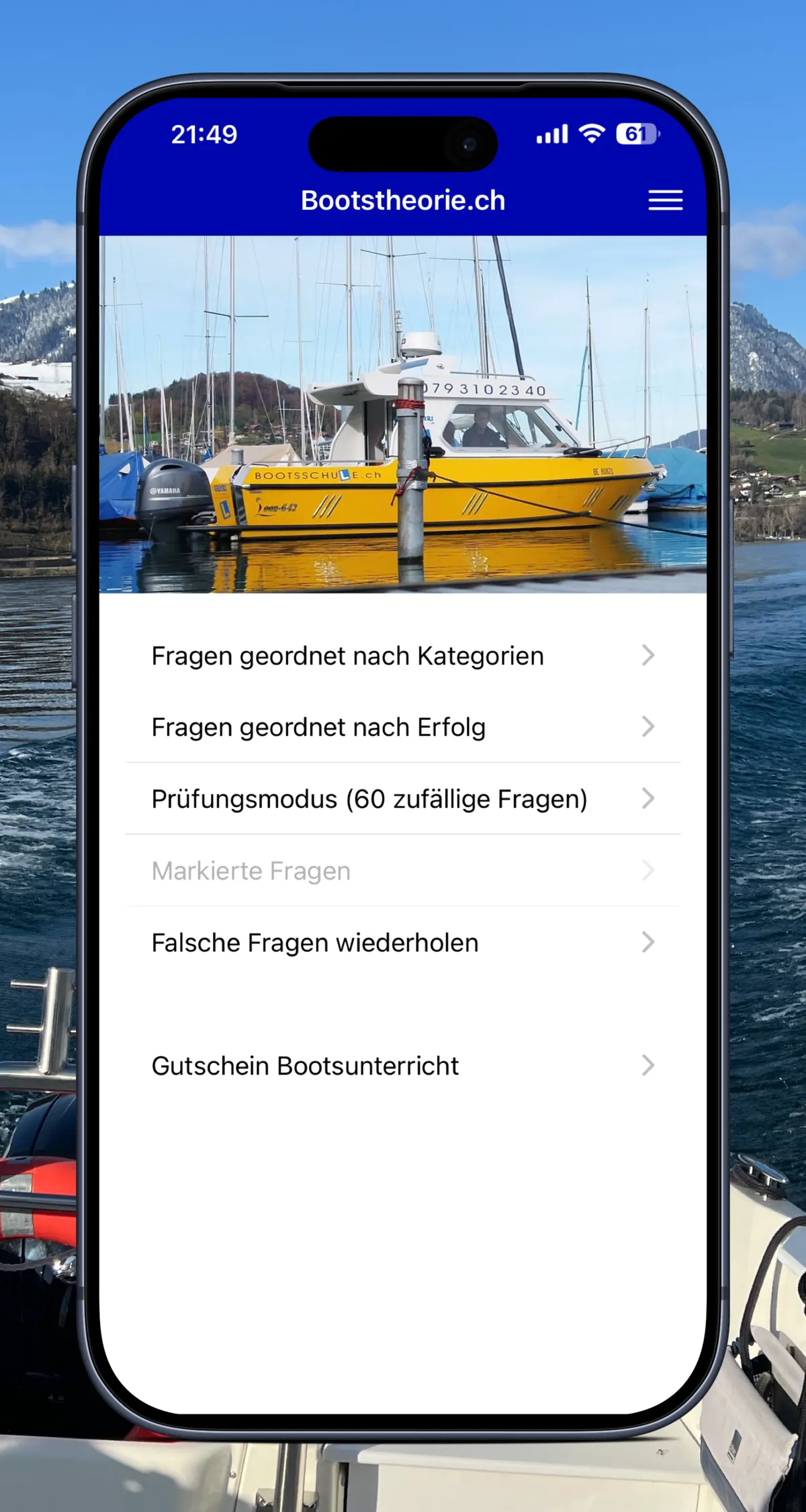 App Bootstheorie.ch f&uuml;r die Theorie Bootspr&uuml;fung Kat. A & D Schweiz